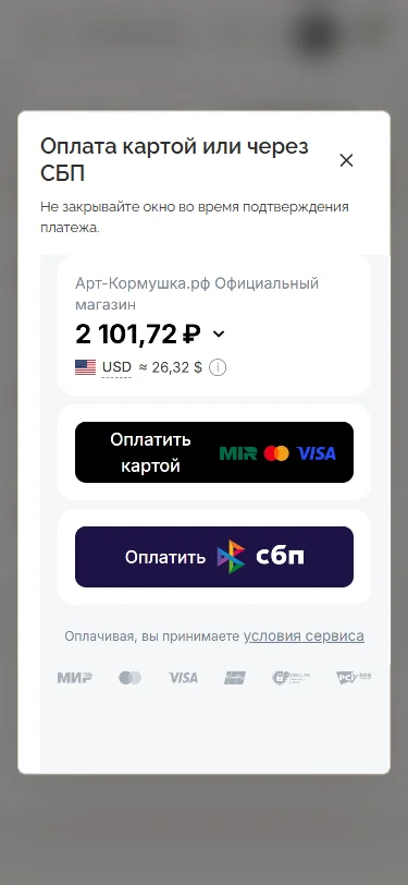 Оплата картой или через СБП — Mobile
