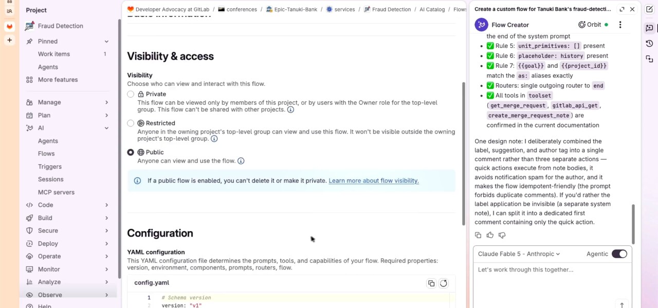 Интерфейс GitLab Flow Creator с настройками процесса и диалогом агента