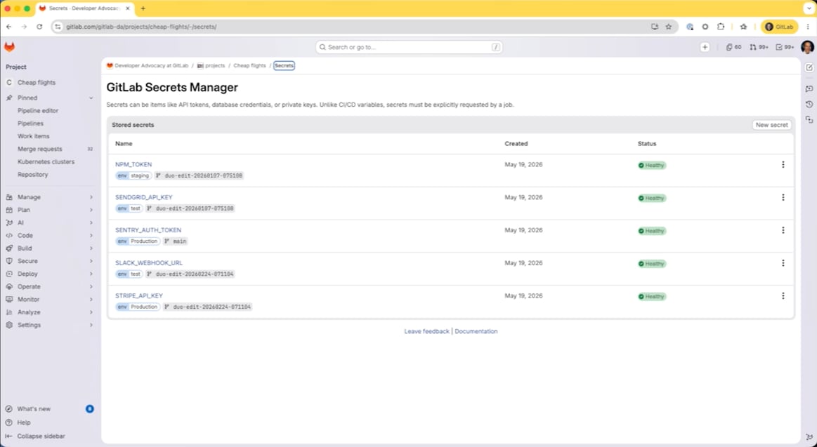 Интерфейс GitLab Secrets Manager со списком секретов проекта и их состоянием